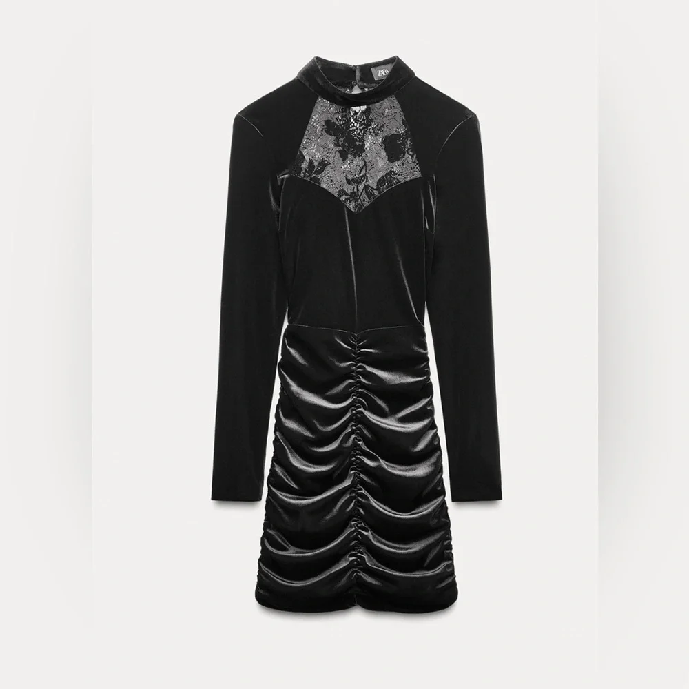 Zara Black Velvet Mini Dress with Lace Accent - Picture 3 of 9